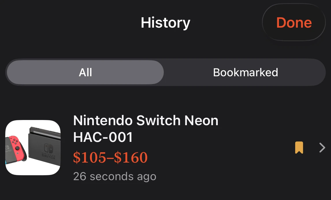 The History screen with tabs for All and Bookmarked. One bookmarked row: Nintendo Switch Neon HAC-001, $105 to $160.