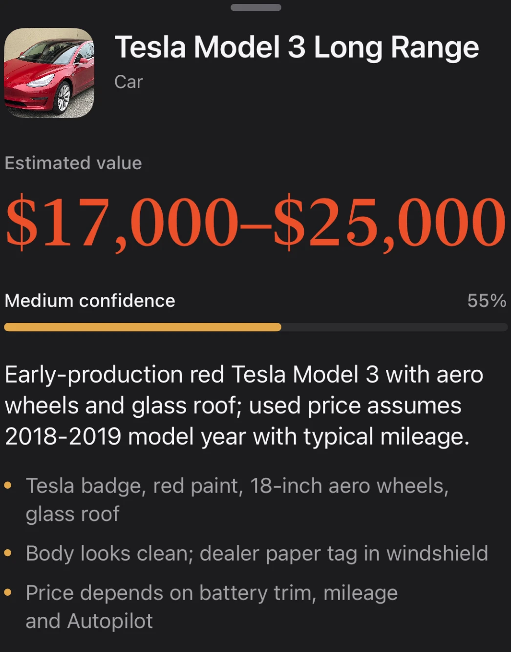 Worth result for a Tesla Model 3 Long Range: estimated value $17,000 to $25,000, medium confidence at 55%. The reasoning assumes a 2018 to 2019 model year with typical mileage, and notes that the price depends on battery trim, mileage and Autopilot.