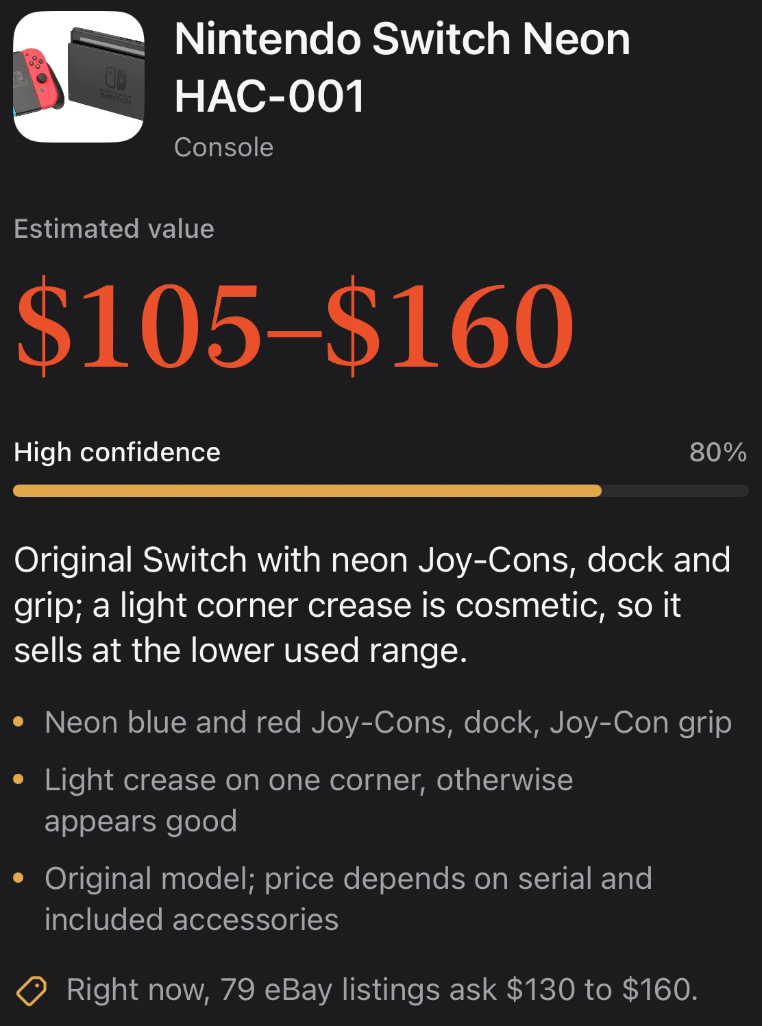The re-priced result: $105 to $160, high confidence at 80%, with the note that a light corner crease is cosmetic, so it sells at the lower used range, and a line saying 79 eBay listings ask $130 to $160 right now.